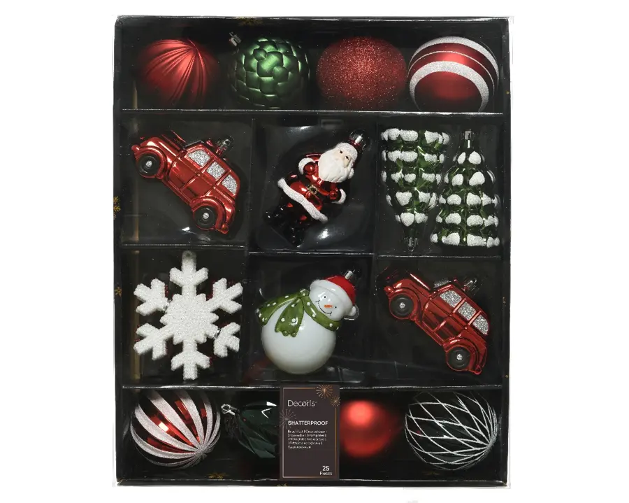 Kerstballen Mixdoos 25 st. - Rood/Groen/Wit - afbeelding 1